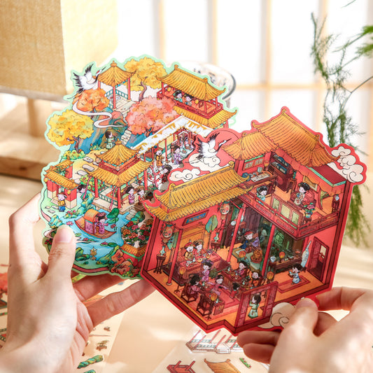 Sokeezii Dream of Lanshan – Oriental 3D Mini Scene Sticker Kit for Scrapbooking & Journaling – Chinese Vintage Cityscape DIY Set for Adults & Teens, Relaxing Craft Gift Idea