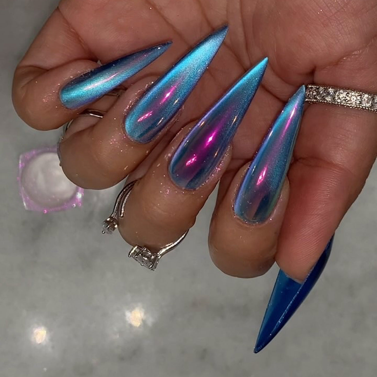 Long Stiletto Fake Nails | Blue Cat Eye Coating | Press-On Nails | Reusable Fake Nails | Fashion Nail Art | Handmade Nail Decor